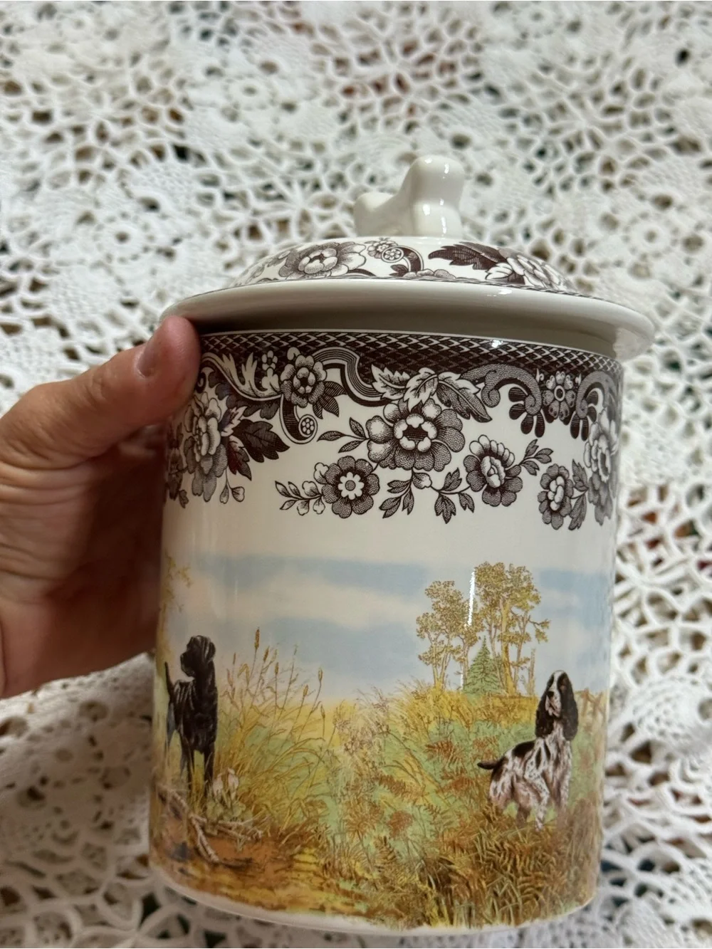 Spode Ceramic Canister with Brown Floral Border and Scenic Dog Motif